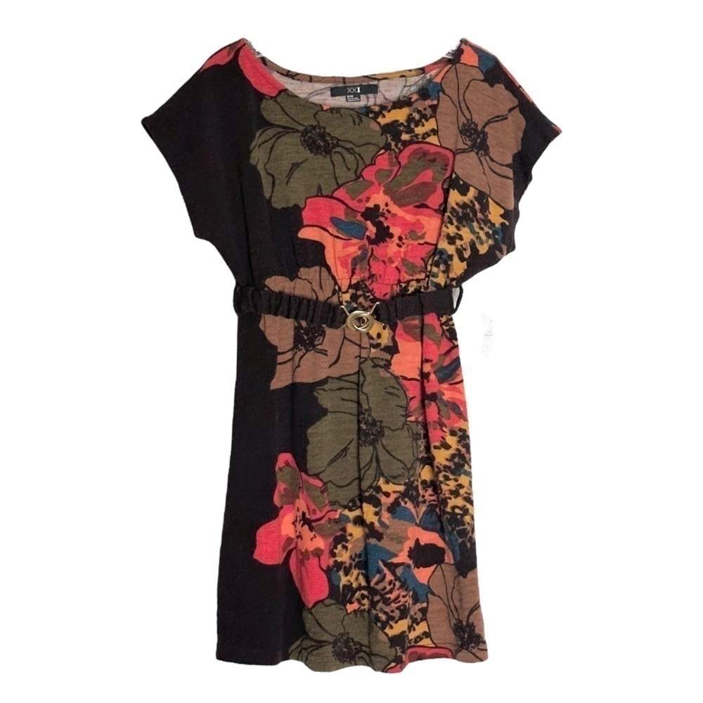 Forever 21 Floral Dolman Tunic Top Belted M NWT Vibrant Chocolate Multicolor